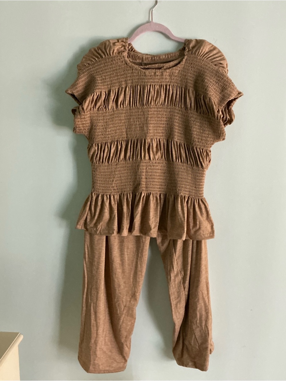 Women’s 2-piece smocked top & wide-leg pants set-high waisted lounge outfit
